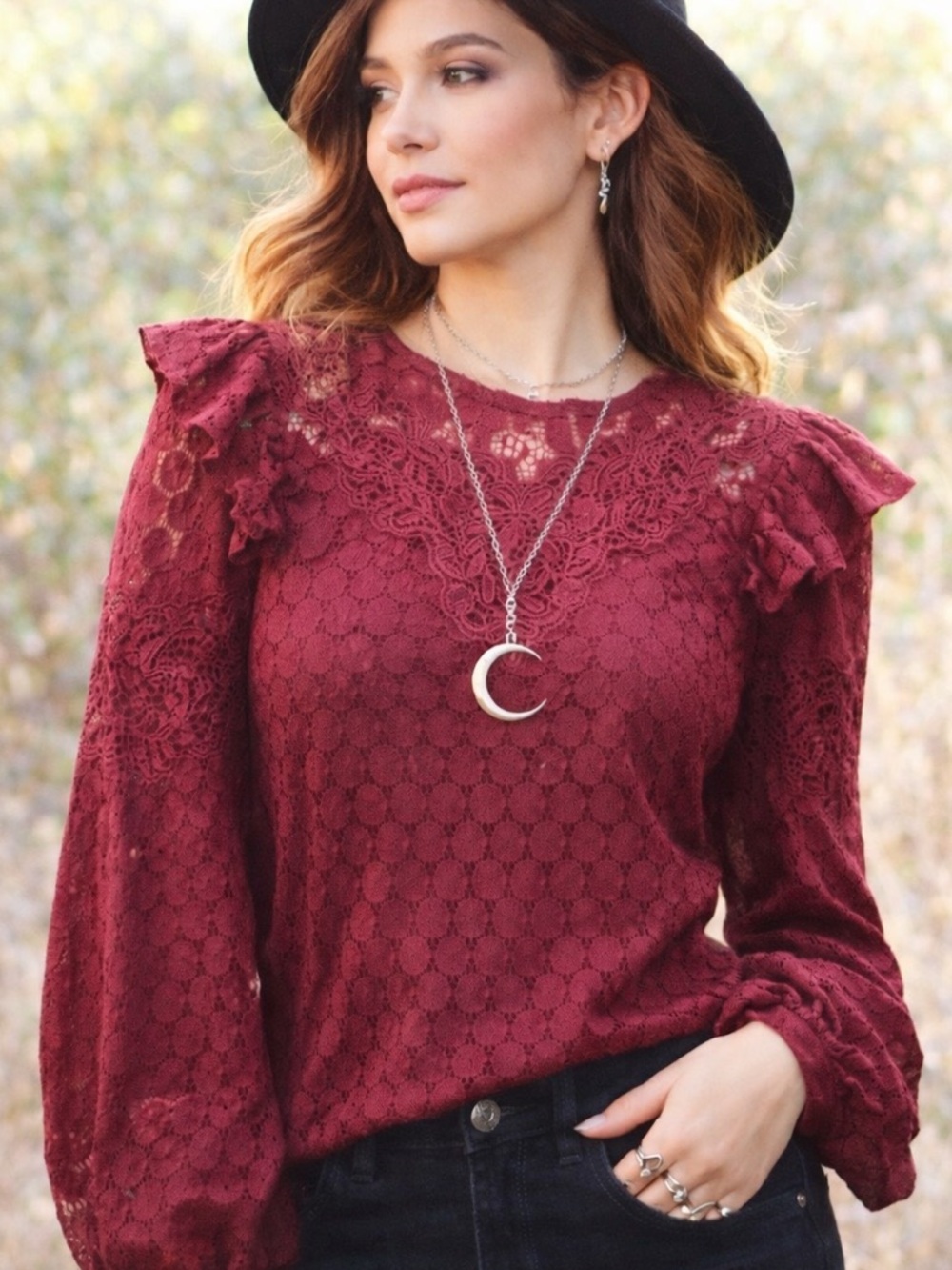 Express Burgundy Lace Blouse Small Romantic Boho Witchy Long Sleeve Top